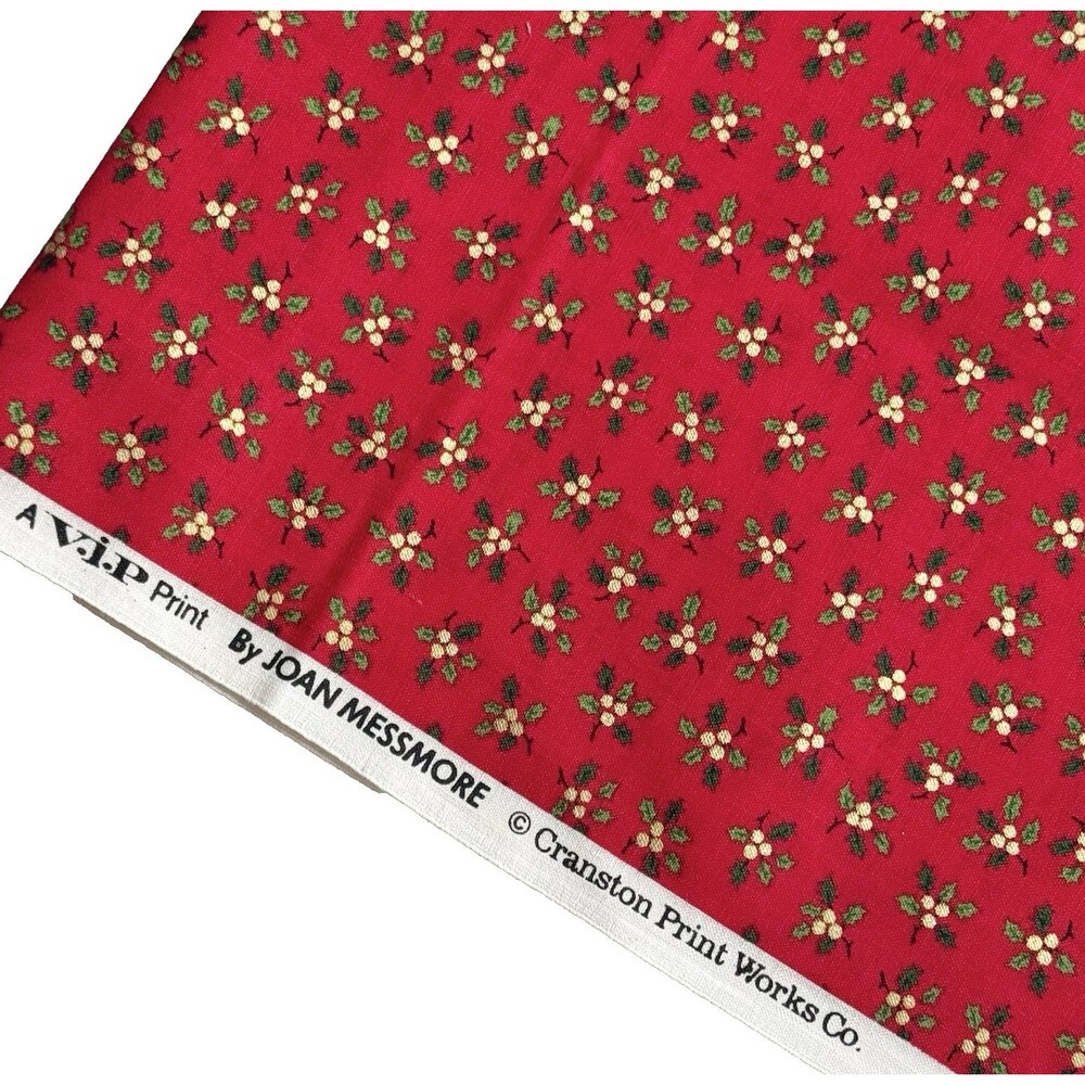 Xmas Red Fabric Holly Leaves Gold Berries Christmas Cranston Joan Messmore 34.5"